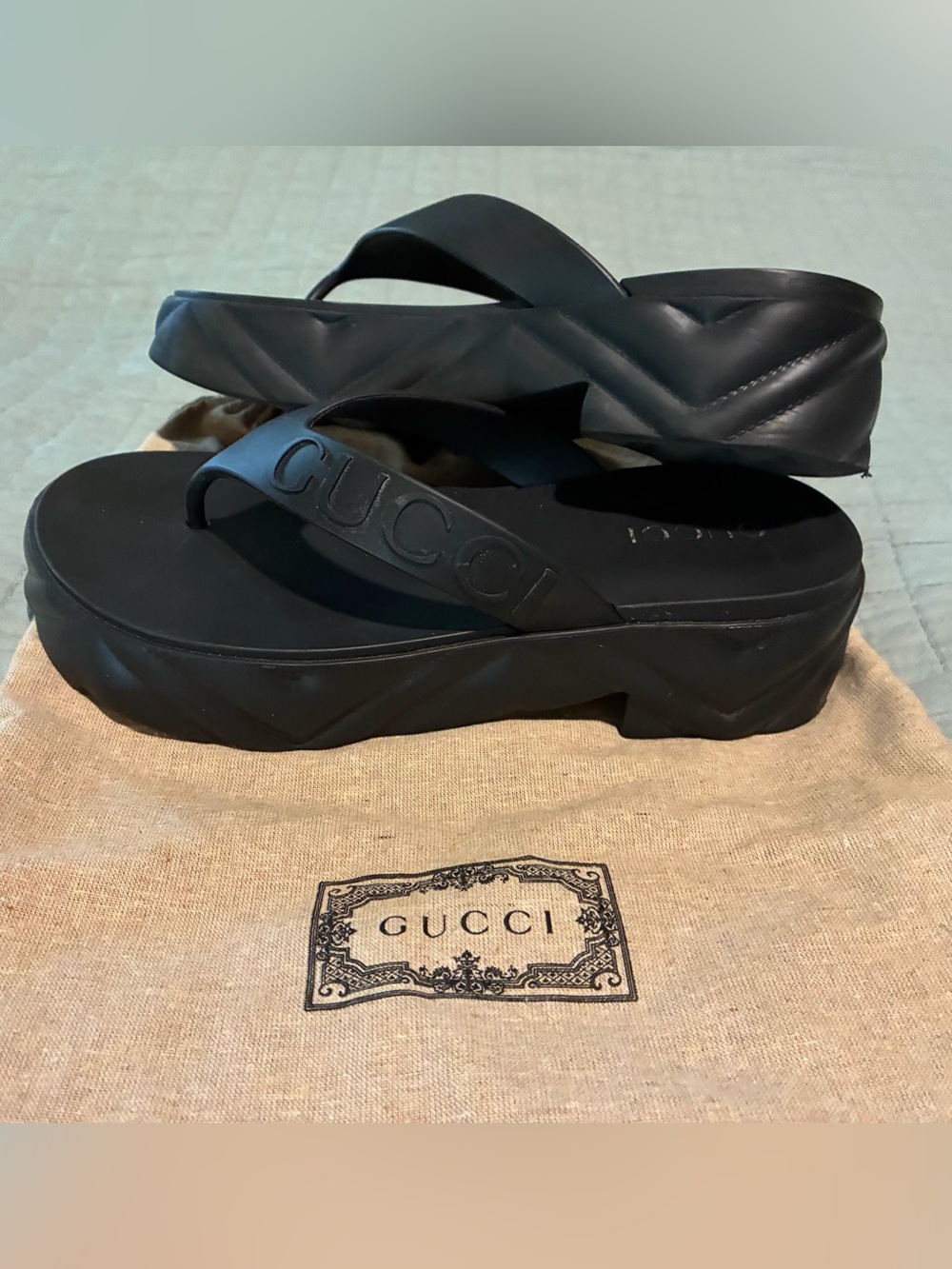Gucci Black Quilted Platform Thong Sandals
